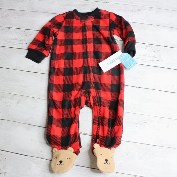 Carter's Baby Fleece Pajama Sleeper Size 6 Months Red Buffalo Plaid - Picture 1 of 4